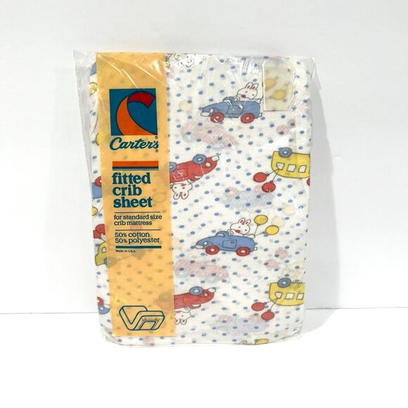 NIP Vintage Carters Cotton Primary Colors Bunnies Cars Fitted Crib Sheet - Picture 1 of 3